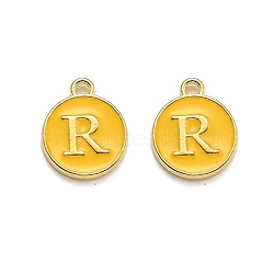Golden Plated Alloy Enamel Charms, Enamelled Sequins, Flat Round with Alphabet, Letter.R, Yellow, 14x12x2mm, Hole: 1.5mm(ENAM-Q437-13R)