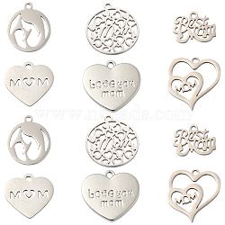 12Pcs 6 Styles Mother's Day Theme, 304 Stainless Steel Charms, Phrase Best Mom, Stainless Steel Color, 13~18x13~19.5x1~2mm, Hole: 1.2~1.8mm, 2pcs/style(STAS-FS0001-82)