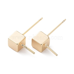 Brass Stud Earring Findings, for Half Drilled Beads, Cube, Real 18K Gold Plated, 5x5mm, Pin: 0.7mm(KK-G474-09G)
