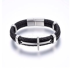 Leather Cord Bracelets, with 304 Stainless Steel Magnetic Clasp, Cross, Stainless Steel Color, 8-5/8 inch(22cm), 12~22x6~8.5mm(BJEW-G603-09P)