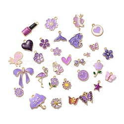 Alloy Enamel Pendants, Mixed Shapes, Golden, Purple, 9~26.5x6.5~27x1~3.5mm, Hole: 1.6mm, about 100pc/bag(ENAM-D043-01E)