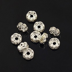 Brass Rhinestone Spacer Beads, Grade AAA, Wavy Edge, Nickel Free, Silver Color Plated, Rondelle, Crystal, 6x3mm, Hole: 1mm(X-RB-A014-L6mm-01S-NF)