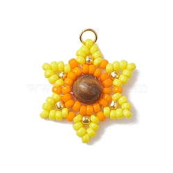 Natural Tiger Eye Glass Seed Beaded Pendants, Flower Charms with Golden Tone Jump Rings, Yellow, 22x19.5x6.5mm, Hole: 2.5mm(PALLOY-MZ00280)