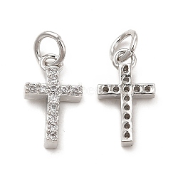 Brass Micro Pave Cubic Zirconia Charms, with Jump Ring, Religion Cross Charm, Platinum, 13.5x7.5x2.5mm, Hole: 3.3mm(KK-E068-VB259)