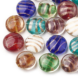 Handmade Gold Sand Lampwork Beads, Flat Round, Mixed Color, 19~20x20~20.5x10~11mm, Hole: 1~1.5mm(X-LAMP-S188-09)