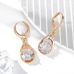 Brass Micro Pave Clear Cubic Zirconia Leverback Earrings, Rack Plating, Long-Lasting Plated, Lead Free & Cadmium Free, Teardrop, Golden, 30.5x9.5mm(EJEW-K300-13G)