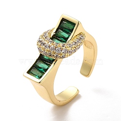 Cubic Zirconia Rectangle with Moon Open Cuff Ring, Real 18K Gold Plated Brass Jewelry for Women, Green, US Size 7 1/2(17.7mm)(RJEW-C041-06G-03)