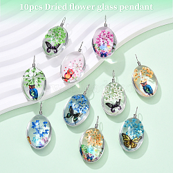10Pcs Transparent Glass Pendants, Dried Flower Butterfly inside and Iron Finding, Oval, Mixed Color, 34x18.5x11mm, Hole: 4.5mm(GLAA-YW0004-73)