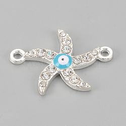 Alloy Rhinestone Links connectors, Cadmium Free & Lead Free, Starfish/Sea Stars with Evil Eye, Sky Blue, Silver Color Plated, 28x20x2.5mm, Hole: 1.5mm(ALRI-S170-35S)