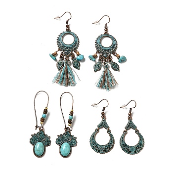 3 Pairs 3 Style Teardrop & Donut & Flower Alloy Dangle Earrings Set, Wood & Synthetic Turquoise Beaded Long Drop Earrings for Women, Red Copper & Green Patina, 54.5~73.5mm, Pin: 0.8mm, 1 Pair/style