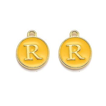 Golden Plated Alloy Enamel Charms, Enamelled Sequins, Flat Round with Alphabet, Letter.R, Yellow, 14x12x2mm, Hole: 1.5mm