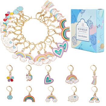 Rainbow Theme Locking Stitch Markers, Alloy Enamel Pendant Stitch Marker, with 304 Stainless Steel Hoop, Golden, 3~4cm, 10 styles, 2pcs/style, 20pcs/box
