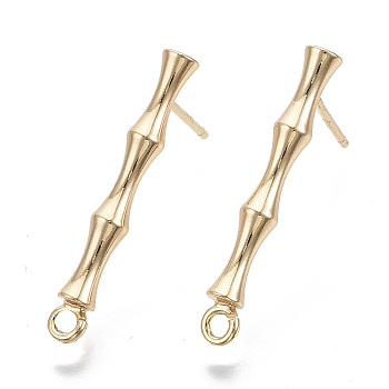 Brass Stud Earring Findings, with Loop, Nickel Free, Bamboo, Real 18K Gold Plated, 23x3mm, Hole: 1.4mm, Pin: 1mm