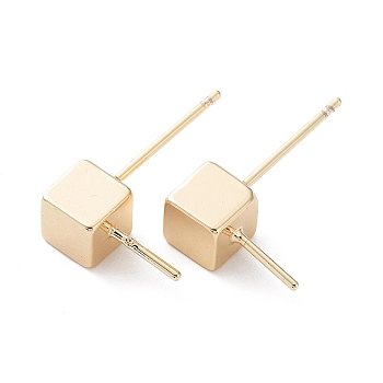 Brass Stud Earring Findings, for Half Drilled Beads, Cube, Real 18K Gold Plated, 5x5mm, Pin: 0.7mm