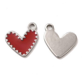 304 Stainless Steel Enamel Pendants, Heart Charm, Stainless Steel Color, 11.5x10x1mm, Hole: 1.6mm