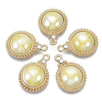 Porcelain Pendants, with Light Gold Plated Brass Findings and Crystal Rhinestone, Half Round, Light Yellow, 23x17x5mm, Hole: 1.8mm
