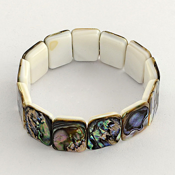 Rectangle Abalone Paua Shell Stretch Bracelets, Colorful, 2-1/8 inch(5.5cm)