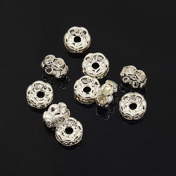 Brass Rhinestone Spacer Beads, Grade AAA, Wavy Edge, Nickel Free, Silver Color Plated, Rondelle, Crystal, 6x3mm, Hole: 1mm