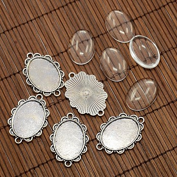 25x18mm Oval Dome Clear Glass Cover and Antique Silver Alloy Cabochon Connector Settings Sets, Nickel Free, Settings: 36x25x2mm, Tray: 25x18mm, Hole: 2mm