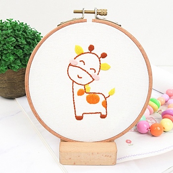 DIY Cartoon Animal Embroidery Sets, Including Imitation Bamboo Frame, Plastic & Alloy Pins, Cloth, Colorful Threads, Giraffe Pattern, 37~190x1~195x0.6~8.5mm, Inner Diameter: 107mm