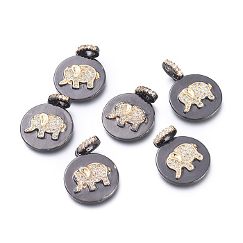 Brass Micro Pave Cubic Zirconia Pendants, Long-Lasting Plated, Cadmium Free & Lead Free & Nickel Free, Flat Round with Elephant, Clear, Gunmetal & Golden, 20x17x2mm, Hole: 4x2.5mm
