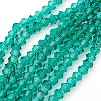 Dark Cyan Glass Bicone Beads Strands, Faceted, 4x4mm, Hole: 1mm, about 88~89pcs/strand, 12.99~13.39 inch