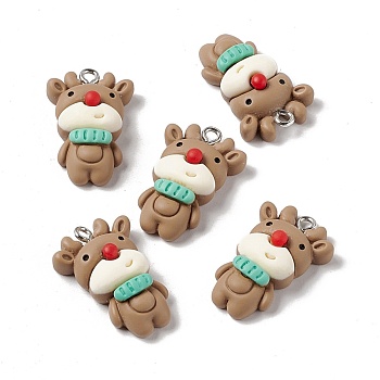 Christmas Theme Opaque Resin Pendants, with Platinum Tone Iron Findings, Reindeer/Stag, Tan, 26x17x8mm, Hole: 2mm