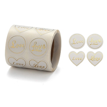Heart and Flat Round with Word Love Valentine's Stickers Self Adhesive Tag Labels, Decorative Stickers, for Wedding Valentine's Supplies, White, 25mm, 25x25mm, 300pcs/roll