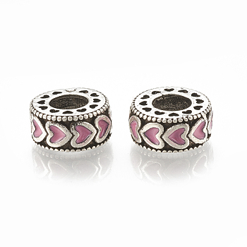 Alloy European Beads, Large Hole Beads, with Enamel, Flat Round with Heart, Antique Silver, Pearl Pink, 11.5x5mm, Hole: 5mm