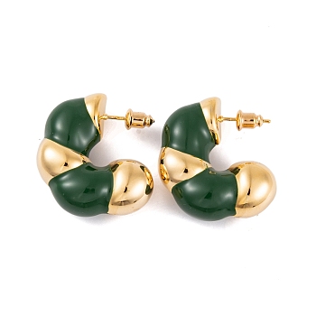 C-Shaped Brass Enamel Stud Earrings for Women, Real 18K Gold Plated, Dark Green, 30x12mm