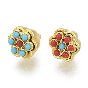 Brass Charms, with Resin Beads, Lotus Pod, Matte Style, Matte Gold Color, Mixed Color, 12.5x11x10mm, Hole: 1.8mm