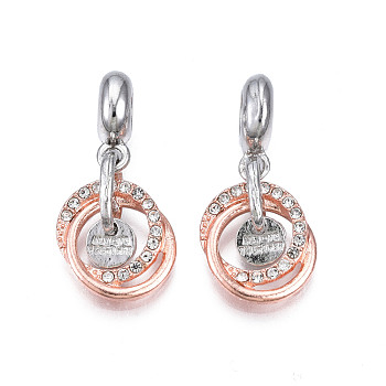 Rack Plating Alloy European Dangle Charms, with Rhinestone, Large Hole Beads, Cadmium Free & Lead Free, Flat Round with Ring, Silver & Rose Gold, Crystal, 27mm, Hole: 5mm, Charm: 6x1.5mm