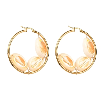 Natural Cowrie Shell Beads Earrings for Girl Women, 304 Stainless Steel Big Hoop Earrings, Golden, 46x44.5x7.5mm, Pin: 0.7mm