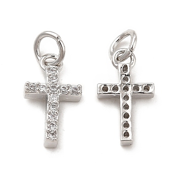Brass Micro Pave Cubic Zirconia Charms, with Jump Ring, Religion Cross Charm, Platinum, 13.5x7.5x2.5mm, Hole: 3.3mm