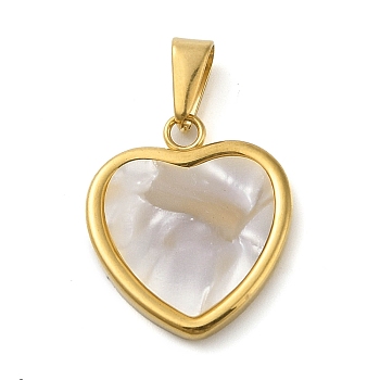 Resin Imitation White Shell Pendants, Golden Tone 304 Stainless Steel Charms, Heart, 22x19x2.8mm, Hole: 8x3.2mm