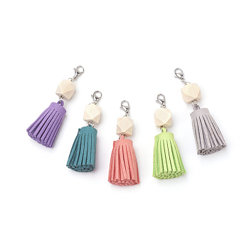 Faux Suede Cord Tassel Big Pendants, with Wood Beads and 304 Stainless Steel Lobster Claw Clasps, Mixed Color, 65mm