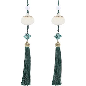 Resin Luminous Lotus Pendant Decorations, Chinese Knot Tassel Charm for Mobile Phone Car Bag Decoration, Dark Green, 230mm