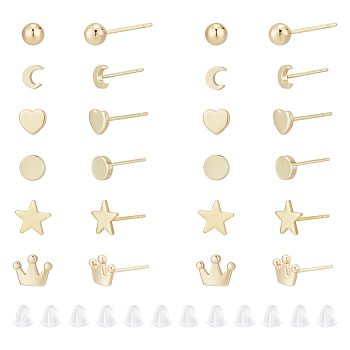 12 Pairs 6 Style Tiny Ball & Crown & Heart & Moon & Star Brass Stud Earrings for Women, Real 18K Gold Plated, 5~13.5x4~8mm, Pin: 0.8~0.9mm, 2 Pairs/style