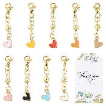 24Pcs 8 Colors Alloy Enamel Heart with 304 Stainless Steel Bead Pendant Decorations, with Lobster Claw Clasps and Paper Thank You Gift Tags, Golden, Mixed Color, 39mm