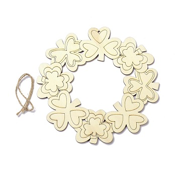 DIY Shamrock Wreath Unfinished Wooden Ornaments Blank Wooden Embellishments, with Hemp Rope, for Saint Patrick's Day Party Decorations, Cornsilk, 19.8x19.8x0.25cm, Hole: 4mm