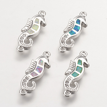 Brass Links connectors, with Synthetic Opal and Cubic Zirconia, Sea Horse, Platinum, Mixed Color, 19.5x6x2mm, Hole: 1mm