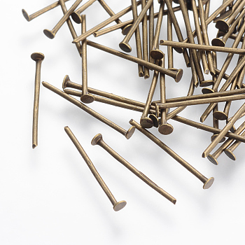 Jewelry Findings, Cadmium Free & Lead Free, Iron Flat Head Pins, Antique Bronze, 32x0.75~0.8mm, 20 Gauge, about 6600pcs/1000g, Head: 2mm