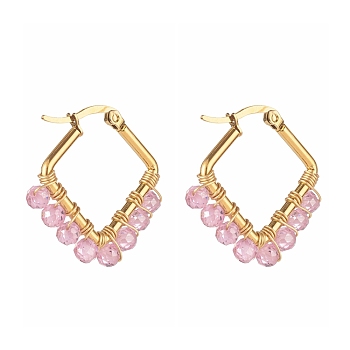 Cubic Zirconia Beads 201 Stainless Steel Hoop Earrings, with 304 Stainless Steel Pins , Pink, 26x26x4mm, Pin: 0.7mm