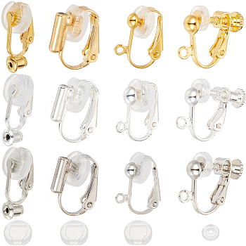 24Pcs 12 Style Brass Clip-on Earring Findings, with 24Pcs Silicone Pads, Mixed Color, 15.5~19x6~14x3~9mm, Hole: 0.6~1.6mm, 2Pcs/style