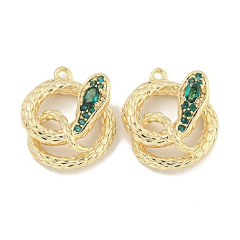 Brass Micro Pave Cubic Zirconia Pendants, Snake, Green, Real 18K Gold Plated, 16x14x6mm, Hole: 1mm