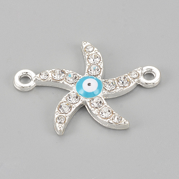 Alloy Rhinestone Links connectors, Cadmium Free & Lead Free, Starfish/Sea Stars with Evil Eye, Sky Blue, Silver Color Plated, 28x20x2.5mm, Hole: 1.5mm