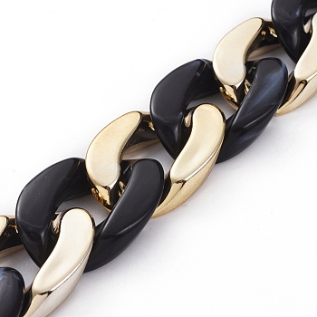 Handmade Imitation Gemstone Style Acrylic Curb Chains, with CCB Plastic Linking Ring, Black, Golden, Link: 30x21x6mm, about 39.37 inch(1m)/strand
