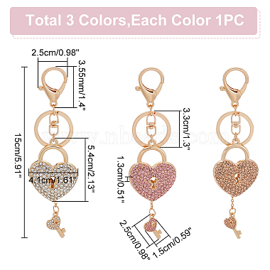 WADORN 3Pcs 3 Colors Heart Padlock Rhinestones Pendant Keychain with Heart Key Charm(KEYC-WR0001-46)-2