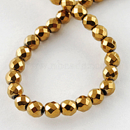 Non-magnetic Synthetic Hematite Beads Strands, Grade A, Faceted, Round, Golden Plated, 4x4mm, Hole: 1mm(G-Q890-4mm-3)