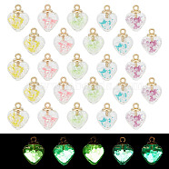 60Pcs 5 Colors Luminous Glow in the Dark Glass Wish Bottle Pendants, Heart Charms, Mixed Color, 20x15x9mm, 12Pcs/color(FIND-HY0003-55)